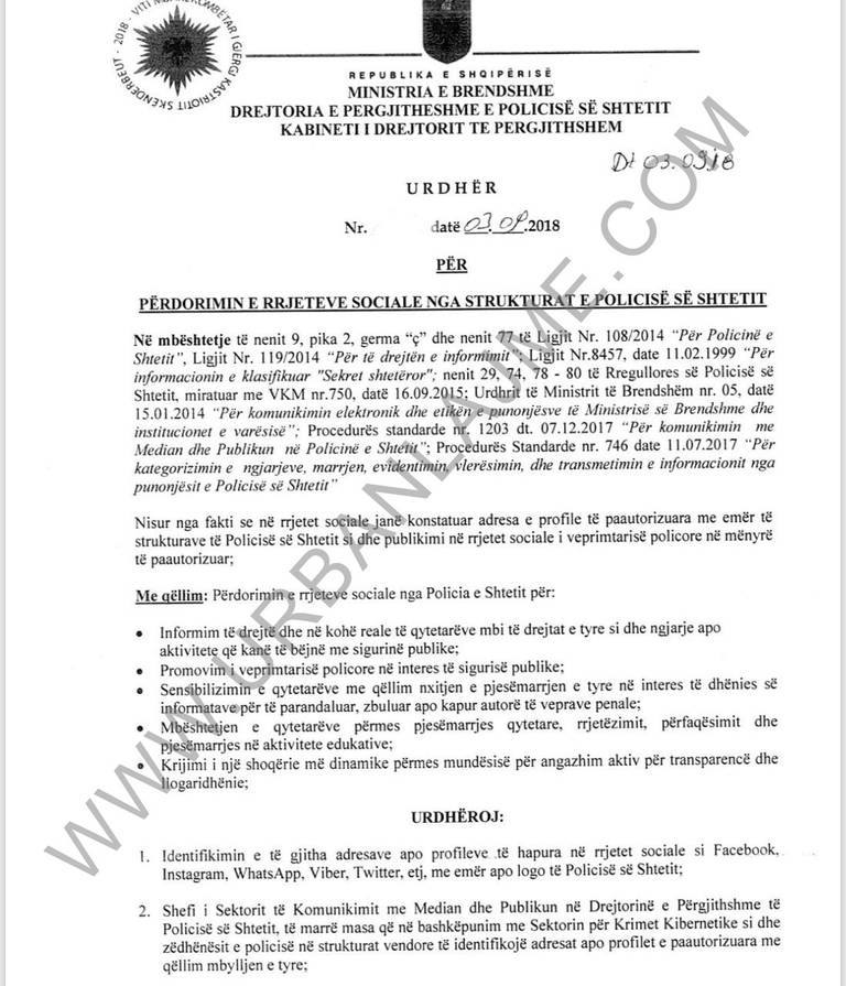 Ekskluzive / Veliu, Urdhër: Të mbyllen të gjitha profilet në rrjetet sociale me logon e Policisë së Shtetit.